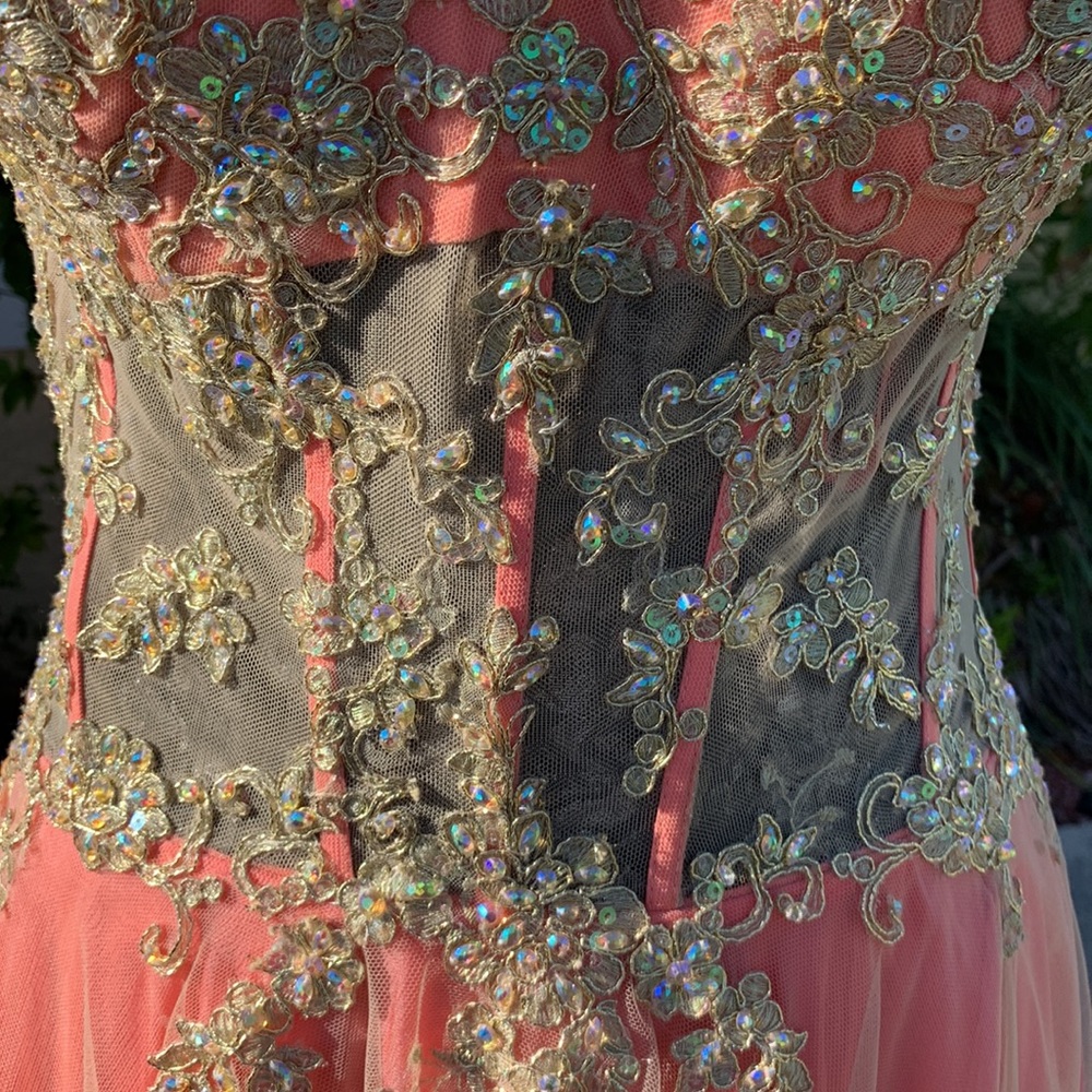 Exquisite jeweled coral colored strapless princess gown by La Femme size 6 - Picture 3 of 14